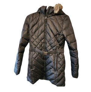 Eddie Bauer Down Parka Detachable Fur Hood Belted Medium Black Quilted